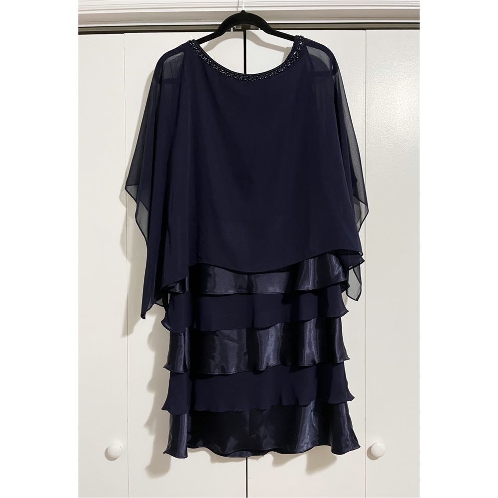 Jessica Howard Beaded Sheer Overlay Navy Blue Size 16 Cocktail Dress